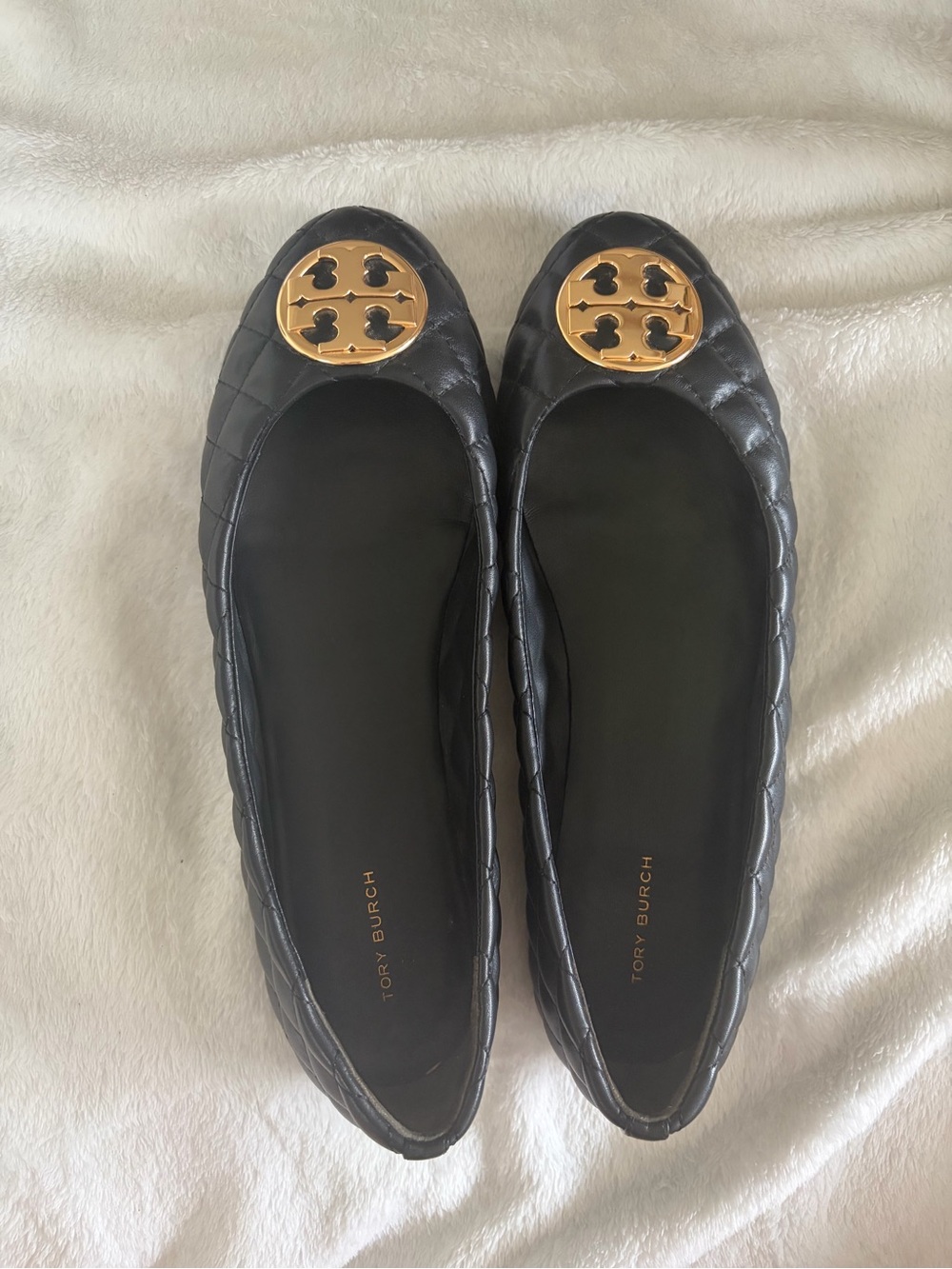 Tory Burch Black Quilted Leather Flats with Gold Logo Medallion